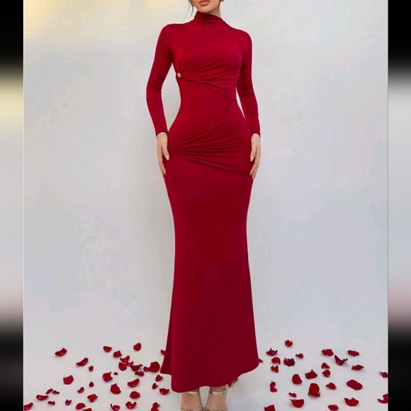 Women's Valentines Day Holiday New Years Party Red Dress Solid Color High Neck - Picture 2 of 4